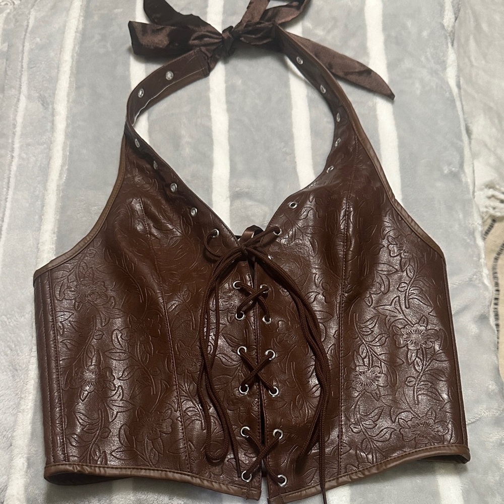 Brown Lace-Up Halter Top Size Small Corset Back